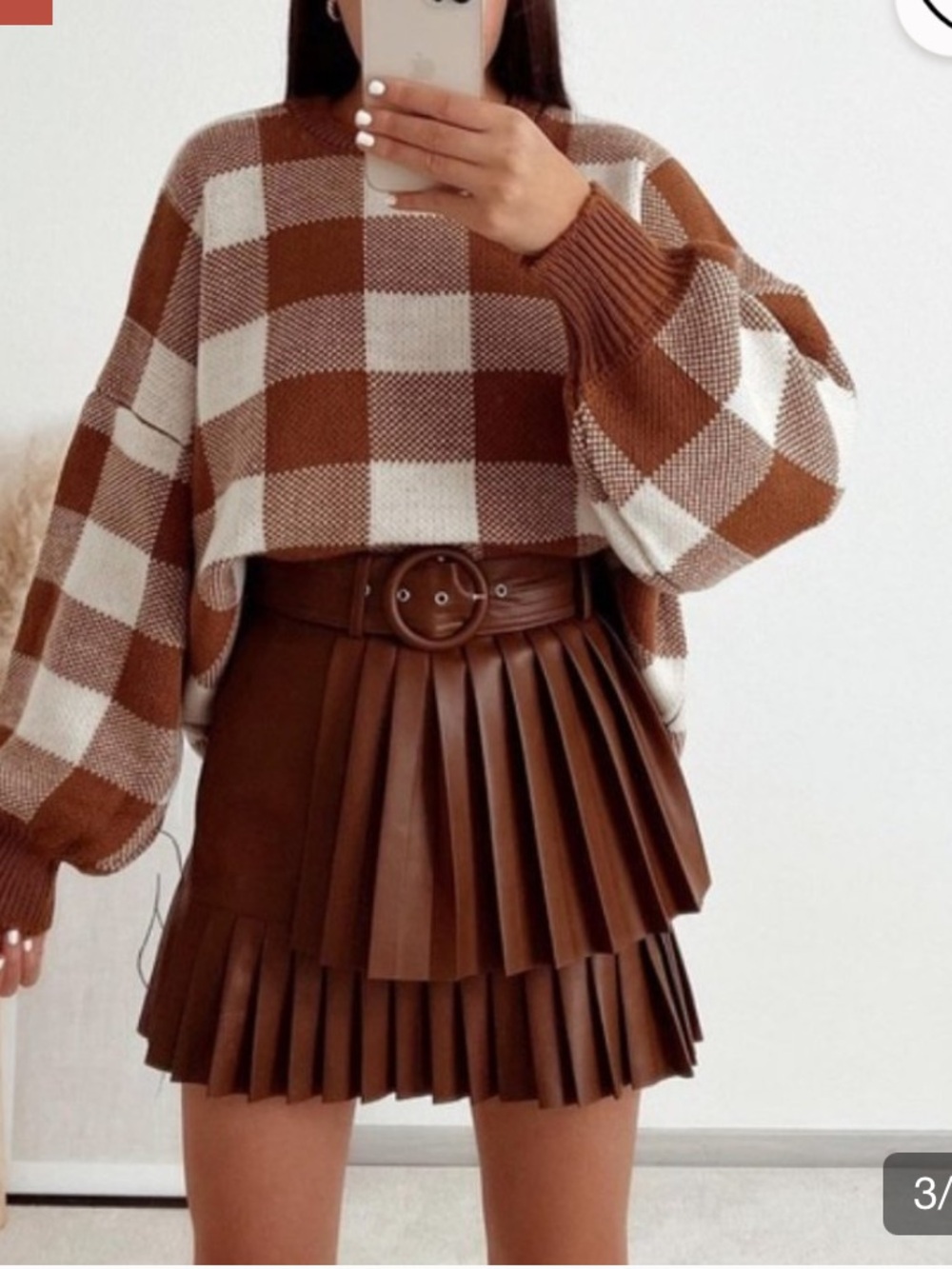 Zara Brown Pleated Faux-Leather Mini Skirt with Round Belt - Picture 3 of 13